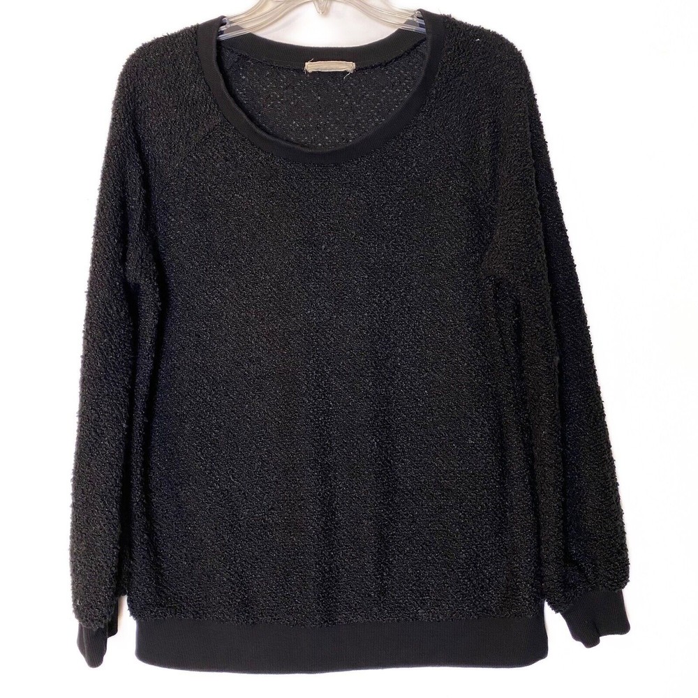 Coverstitched Fuzzy Casual Top Cozy Sweatshirt  Top Roomy Size S Black